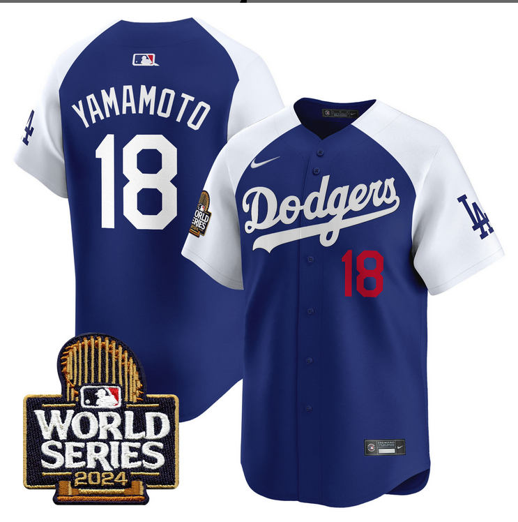 Men MLB Los Angeles Dodgers #18 Yamamoto blue 2024 World Series Champions Patch Limited Jersey20241105